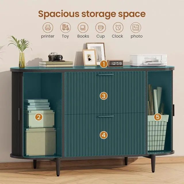 Alt view image 3 of 7 - 39.4" Filing Cabinet for Home Office, 2 Drawer File Cabinet, fit Legal/Letter/A4 Size, Modern Fluted Filing Cabinets with 2 Sliding Door Storage, Printer Stand, Black