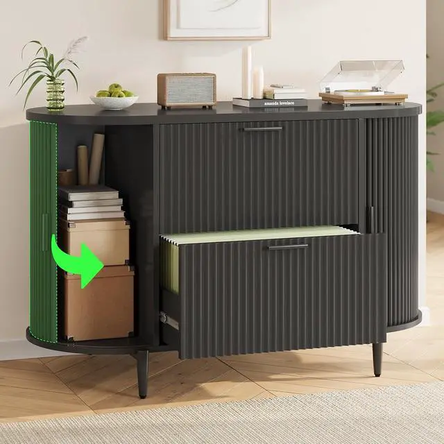 Alt view image 5 of 7 - 39.4" Filing Cabinet for Home Office, 2 Drawer File Cabinet, fit Legal/Letter/A4 Size, Modern Fluted Filing Cabinets with 2 Sliding Door Storage, Printer Stand, Black