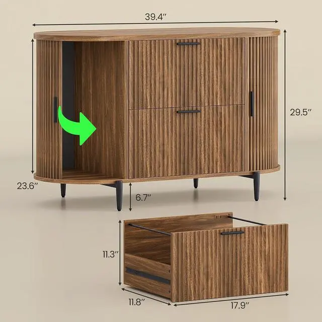 Alt view image 2 of 7 - 2 Drawer File Cabinet, 39.4" Filing Cabinet for Home Office, fit Legal/Letter/A4 Size, Light Luxury Fluted Filing Cabinets with 2 Sliding Door Storage, Printer Stand, Brown