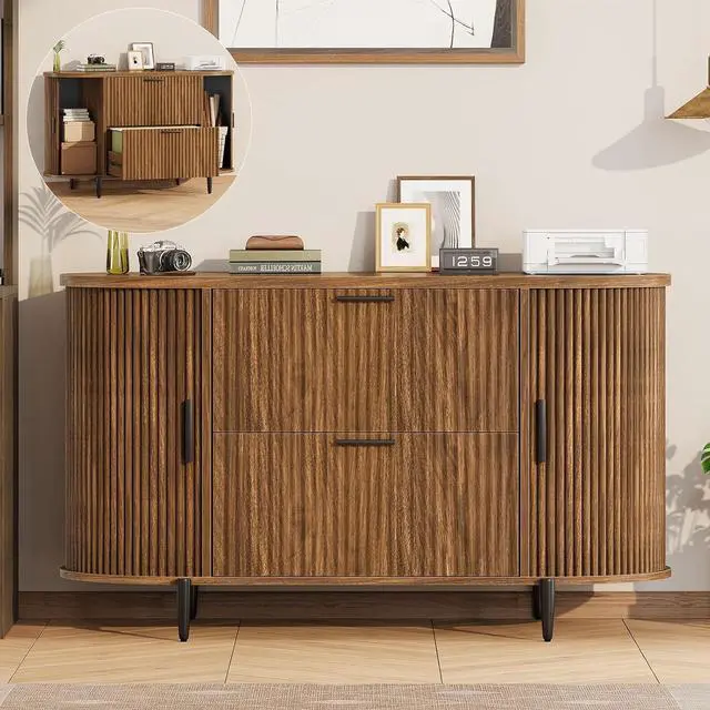 Main image of 2 Drawer File Cabinet, 39.4" Filing Cabinet for Home Office, fit Legal/Letter/A4 Size, Light Luxury Fluted Filing Cabinets with 2 Sliding Door Storage, Printer Stand, Brown