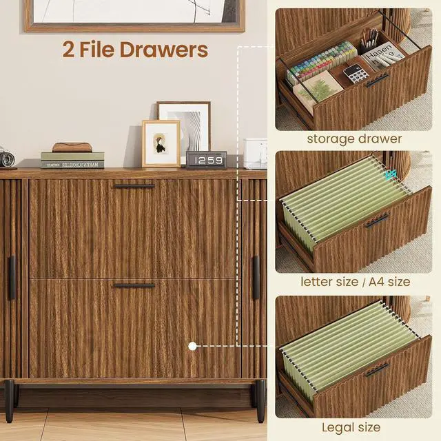 Alt view image 3 of 7 - 2 Drawer File Cabinet, 39.4" Filing Cabinet for Home Office, fit Legal/Letter/A4 Size, Light Luxury Fluted Filing Cabinets with 2 Sliding Door Storage, Printer Stand, Brown