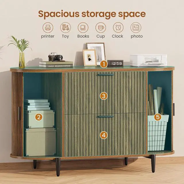 Alt view image 4 of 7 - 2 Drawer File Cabinet, 39.4" Filing Cabinet for Home Office, fit Legal/Letter/A4 Size, Light Luxury Fluted Filing Cabinets with 2 Sliding Door Storage, Printer Stand, Brown