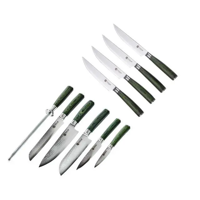 Main image of 10-Piece Knife Set, 6-Piece Essential Knife Set and 4-Piece Steak Knife Set, Japanese Damascus Stainless Steel Blades, Full Tang Construction, Pakkawood Handles