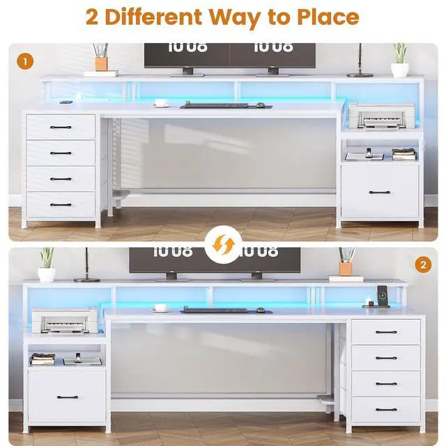 Alt view image 4 of 7 - White Computer Desk with 5 Drawer & Power Outlet, 75'' Home Office Desk with File Drawer, Storage Shelves, Printer Cabinet and Monitor Shelf, Gaming Desk with Led Lights, 23.6" W Desktop