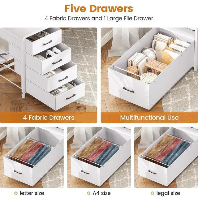 Alt view image 6 of 7 - White Computer Desk with 5 Drawer & Power Outlet, 75'' Home Office Desk with File Drawer, Storage Shelves, Printer Cabinet and Monitor Shelf, Gaming Desk with Led Lights, 23.6" W Desktop