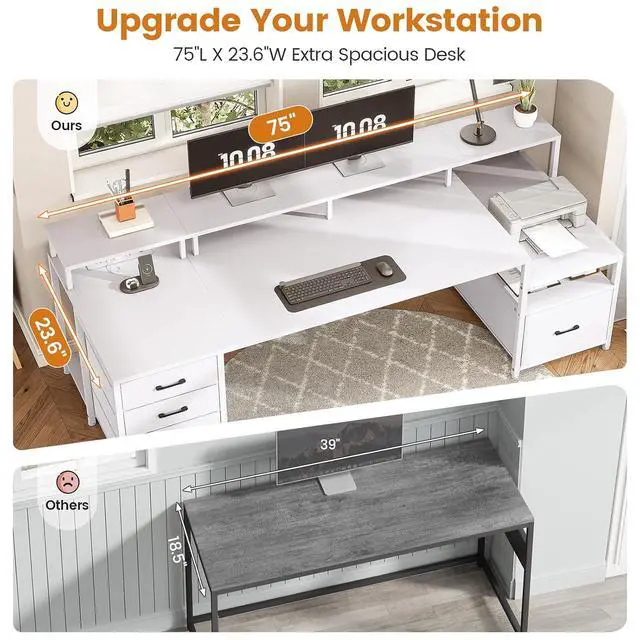 Alt view image 5 of 7 - White Computer Desk with 5 Drawer & Power Outlet, 75'' Home Office Desk with File Drawer, Storage Shelves, Printer Cabinet and Monitor Shelf, Gaming Desk with Led Lights, 23.6" W Desktop