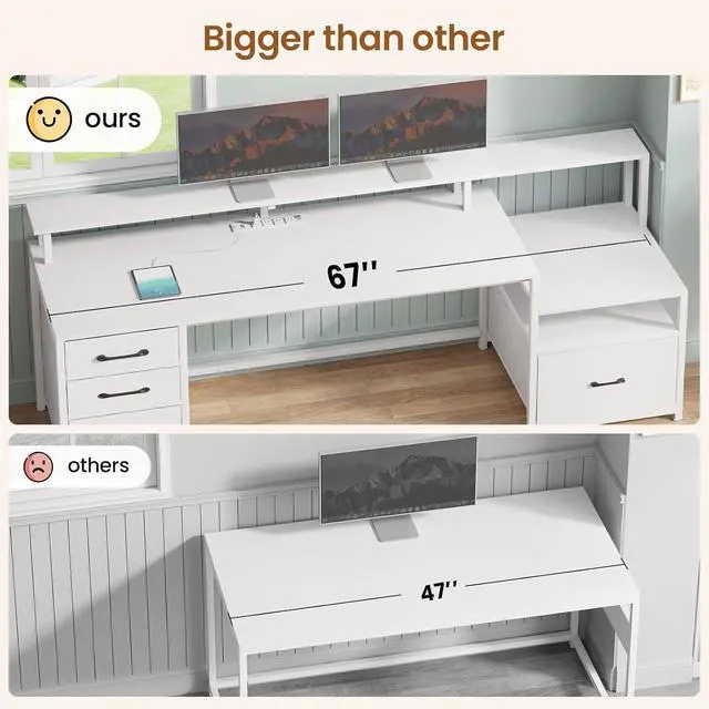 Alt view image 4 of 7 - White Computer Desk with 5 Drawer & Power Outlet, 66'' Home Office Desk with File Drawer, Storage Shelves, Printer Cabinet and Monitor Shelf, Gaming Desk with Led Lights