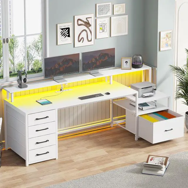 Alt view image 3 of 7 - White Computer Desk with 5 Drawer & Power Outlet, 66'' Home Office Desk with File Drawer, Storage Shelves, Printer Cabinet and Monitor Shelf, Gaming Desk with Led Lights