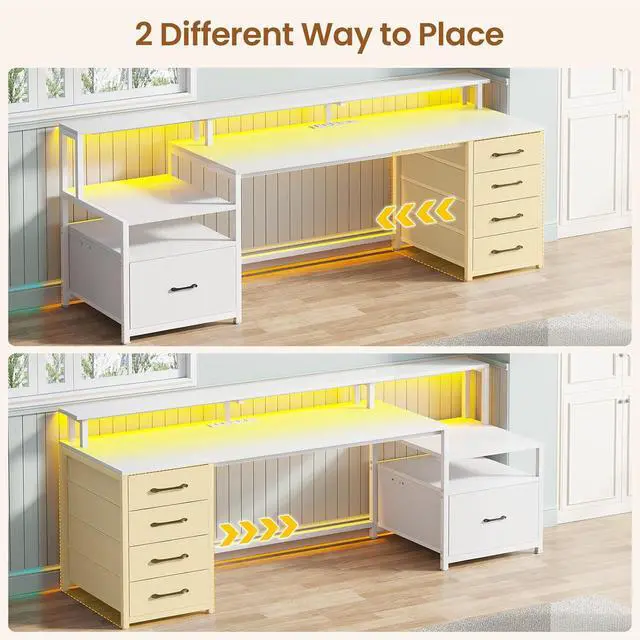 Alt view image 2 of 7 - White Computer Desk with 5 Drawer & Power Outlet, 66'' Home Office Desk with File Drawer, Storage Shelves, Printer Cabinet and Monitor Shelf, Gaming Desk with Led Lights