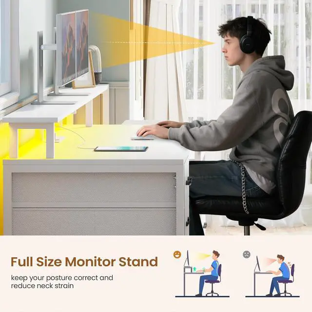 Alt view image 6 of 7 - White Computer Desk with 5 Drawer & Power Outlet, 66'' Home Office Desk with File Drawer, Storage Shelves, Printer Cabinet and Monitor Shelf, Gaming Desk with Led Lights