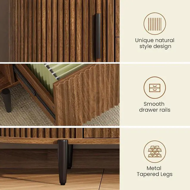 Alt view image 6 of 7 - 2 Drawer File Cabinet, 39.4" Filing Cabinet for Home Office, fit Legal/Letter/A4 Size, Light Luxury Fluted Filing Cabinets with 2 Sliding Door Storage, Printer Stand, Brown