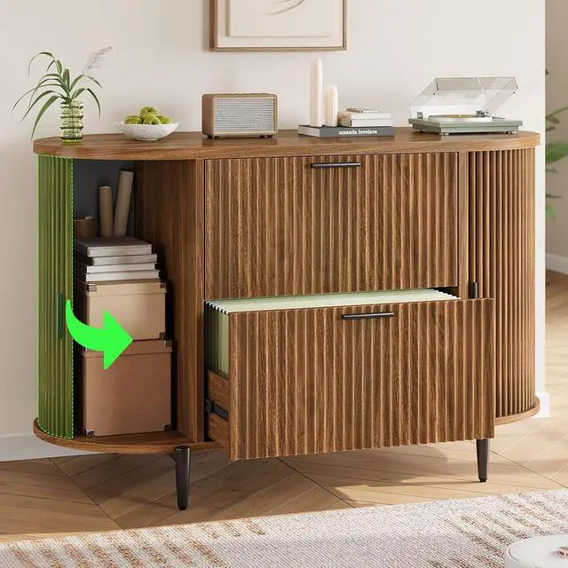 Alt view image 7 of 7 - 2 Drawer File Cabinet, 39.4" Filing Cabinet for Home Office, fit Legal/Letter/A4 Size, Light Luxury Fluted Filing Cabinets with 2 Sliding Door Storage, Printer Stand, Brown