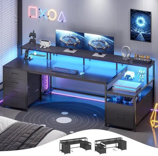 Main image of 75'' Computer Desk with 5 Drawer, Power Outlet & Led Lights, Home Office Desk with File Drawer, Storage Shelves, Printer Cabinet and Monitor Shelf, 23.6" W Large Desktop Gaming Desk, Black