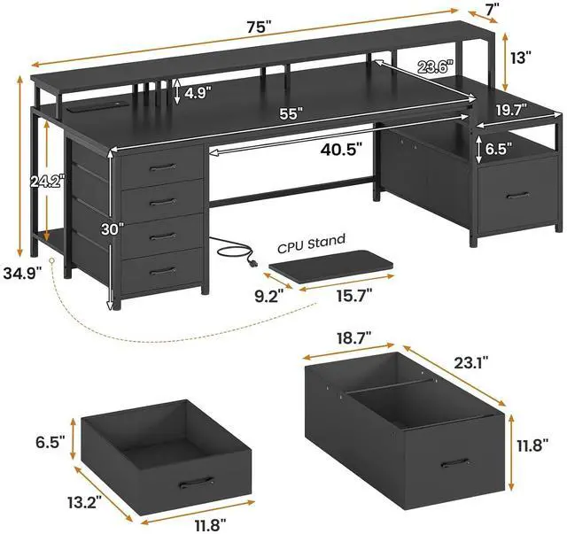 Alt view image 2 of 7 - 75'' Computer Desk with 5 Drawer, Power Outlet & Led Lights, Home Office Desk with File Drawer, Storage Shelves, Printer Cabinet and Monitor Shelf, 23.6" W Large Desktop Gaming Desk, Black