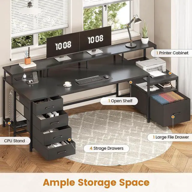 Alt view image 3 of 7 - 75'' Computer Desk with 5 Drawer, Power Outlet & Led Lights, Home Office Desk with File Drawer, Storage Shelves, Printer Cabinet and Monitor Shelf, 23.6" W Large Desktop Gaming Desk, Black