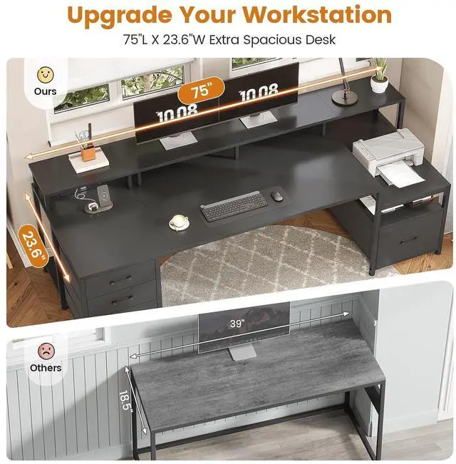 Alt view image 5 of 7 - 75'' Computer Desk with 5 Drawer, Power Outlet & Led Lights, Home Office Desk with File Drawer, Storage Shelves, Printer Cabinet and Monitor Shelf, 23.6" W Large Desktop Gaming Desk, Black