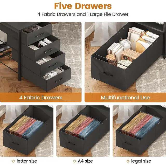 Alt view image 6 of 7 - 75'' Computer Desk with 5 Drawer, Power Outlet & Led Lights, Home Office Desk with File Drawer, Storage Shelves, Printer Cabinet and Monitor Shelf, 23.6" W Large Desktop Gaming Desk, Black