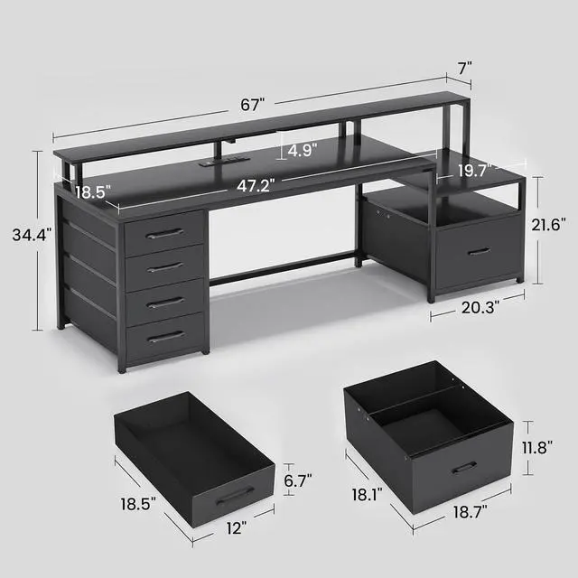 Alt view image 2 of 7 - Computer Desk with 5 Drawer, Power Outlet & Led Lights, 66'' Home Office Desk with File Drawer, Storage, Monitor Shelf, Gaming Desk, Black