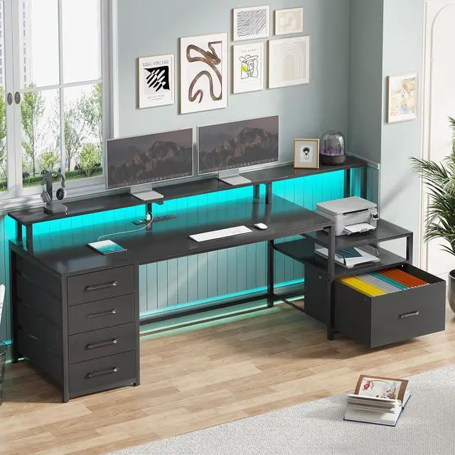 Main image of Computer Desk with 5 Drawer, Power Outlet & Led Lights, 66'' Home Office Desk with File Drawer, Storage, Monitor Shelf, Gaming Desk, Black
