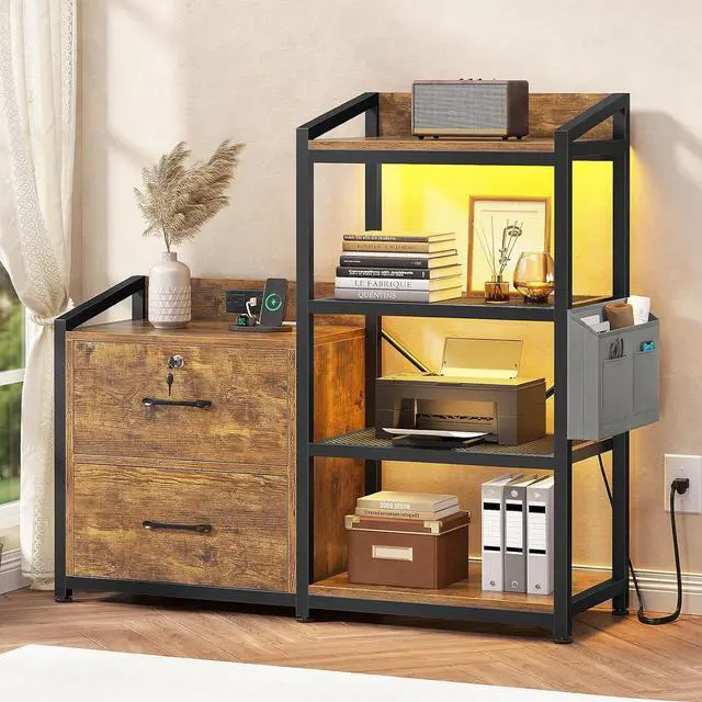 Main image of 35.4 File Cabinet, Filing Cabinet fits Letter/A4 Size, 2 Drawe File Cabinets for Home Office with Power Strip, LED Lights, Lock, Open Shelf, Rustic Brown