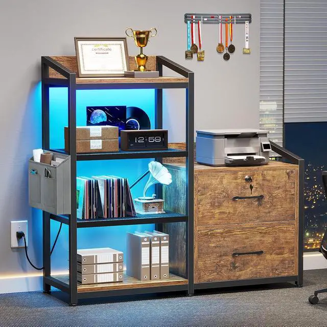 Alt view image 3 of 7 - 35.4 File Cabinet, Filing Cabinet fits Letter/A4 Size, 2 Drawe File Cabinets for Home Office with Power Strip, LED Lights, Lock, Open Shelf, Rustic Brown
