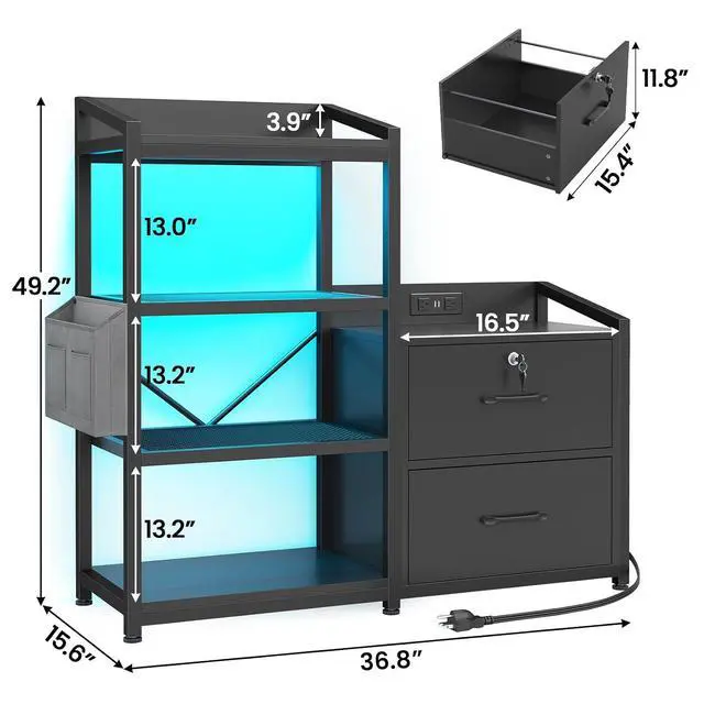 Alt view image 2 of 7 - 35.4 File Cabinet, Filing Cabinet fits Letter/A4 Size, 2 Drawe File Cabinets for Home Office with Power Strip, LED Lights, Lock, Open Shelf, Black