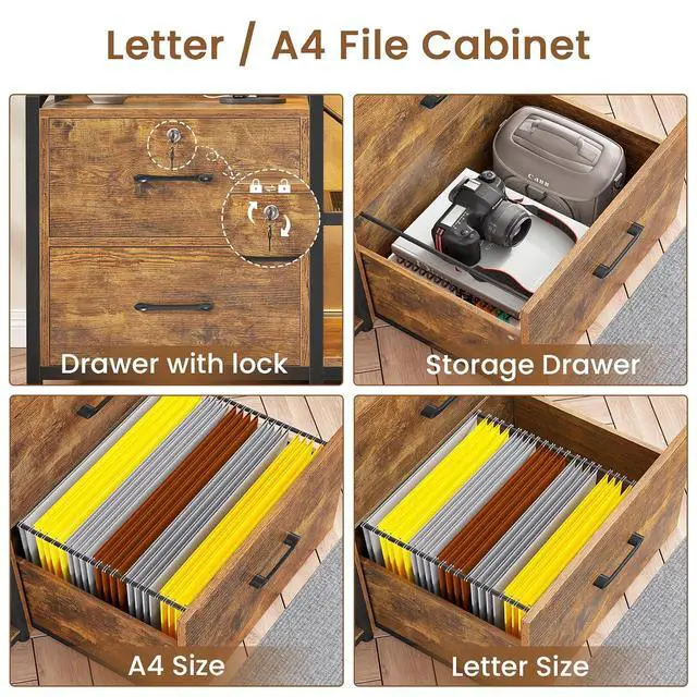Alt view image 5 of 7 - 35.4 File Cabinet, Filing Cabinet fits Letter/A4 Size, 2 Drawe File Cabinets for Home Office with Power Strip, LED Lights, Lock, Open Shelf, Rustic Brown