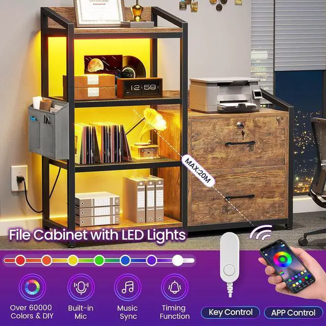 Alt view image 4 of 7 - 35.4 File Cabinet, Filing Cabinet fits Letter/A4 Size, 2 Drawe File Cabinets for Home Office with Power Strip, LED Lights, Lock, Open Shelf, Rustic Brown