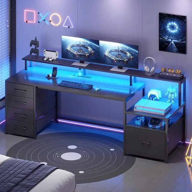 Alt view image 3 of 7 - Computer Desk with 5 Drawer, Power Outlet & Led Lights, 66'' Home Office Desk with File Drawer, Storage, Monitor Shelf, Gaming Desk, Black