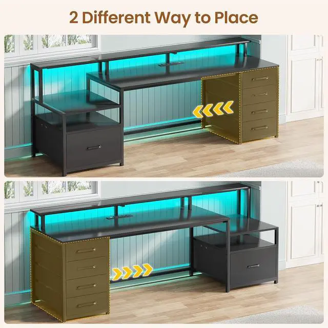 Alt view image 4 of 7 - Computer Desk with 5 Drawer, Power Outlet & Led Lights, 66'' Home Office Desk with File Drawer, Storage, Monitor Shelf, Gaming Desk, Black