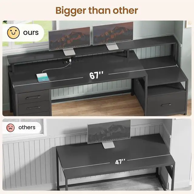 Alt view image 5 of 7 - Computer Desk with 5 Drawer, Power Outlet & Led Lights, 66'' Home Office Desk with File Drawer, Storage, Monitor Shelf, Gaming Desk, Black