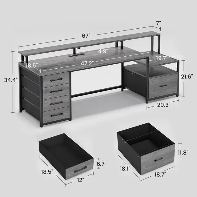 Alt view image 2 of 7 - Home Office Desk with File Drawer & Power Outlet, 66'' Computer Desk with 5 Drawer, Storage Shelves, Printer Cabinet and Monitor Shelf, Gaming Desk with Led Lights, Grey