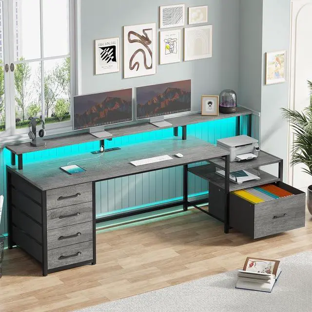 Main image of Home Office Desk with File Drawer & Power Outlet, 66'' Computer Desk with 5 Drawer, Storage Shelves, Printer Cabinet and Monitor Shelf, Gaming Desk with Led Lights, Grey