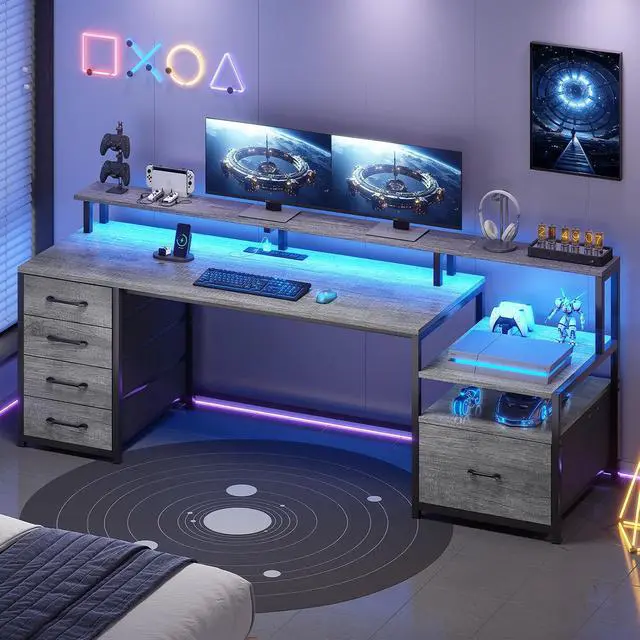 Alt view image 3 of 7 - Home Office Desk with File Drawer & Power Outlet, 66'' Computer Desk with 5 Drawer, Storage Shelves, Printer Cabinet and Monitor Shelf, Gaming Desk with Led Lights, Grey