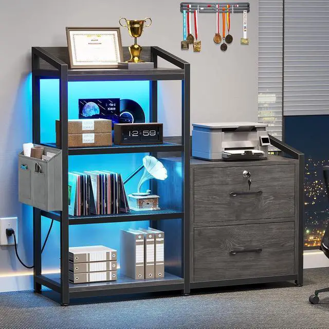 Alt view image 3 of 7 - 2 Drawer File Cabinet, Filing Cabinet fits Letter Legal, A4 Size, File Cabinets for Home Office with Lock, Power Strip, LED Lights and Open Shelf, Grey