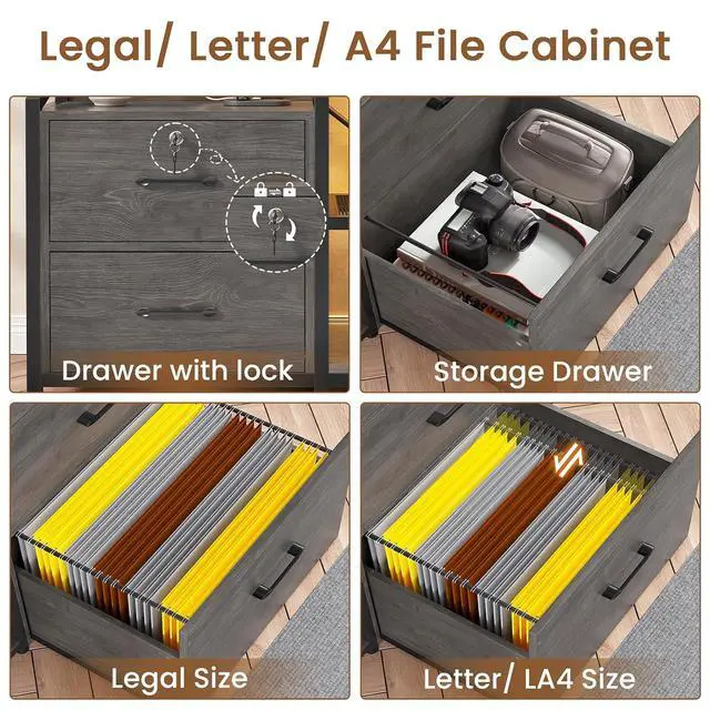 Alt view image 4 of 7 - 2 Drawer File Cabinet, Filing Cabinet fits Letter Legal, A4 Size, File Cabinets for Home Office with Lock, Power Strip, LED Lights and Open Shelf, Grey