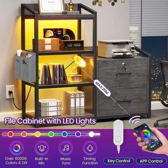 Alt view image 5 of 7 - 2 Drawer File Cabinet, Filing Cabinet fits Letter Legal, A4 Size, File Cabinets for Home Office with Lock, Power Strip, LED Lights and Open Shelf, Grey