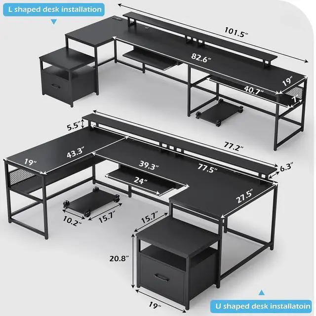 Alt view image 2 of 7 - U Shaped Desk,101.5''Reversible L Shaped Home Office Desk with Drawer & Power Outlet,Computer Two Person Desk with Monitor Shelf, Keyboard Tray, Black
