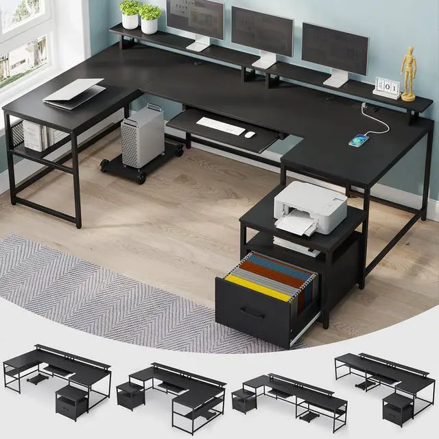 Alt view image 4 of 7 - U Shaped Desk,101.5''Reversible L Shaped Home Office Desk with Drawer & Power Outlet,Computer Two Person Desk with Monitor Shelf, Keyboard Tray, Black