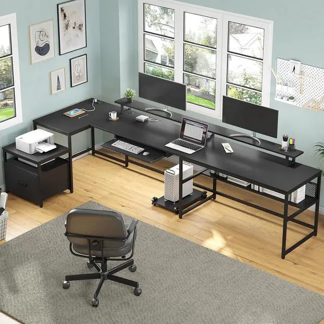 Alt view image 3 of 7 - U Shaped Desk,101.5''Reversible L Shaped Home Office Desk with Drawer & Power Outlet,Computer Two Person Desk with Monitor Shelf, Keyboard Tray, Black