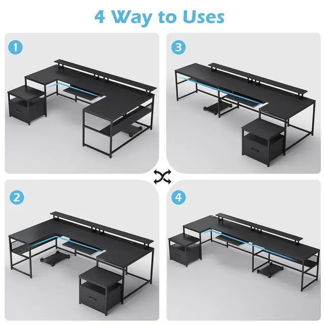 Alt view image 5 of 7 - U Shaped Desk,101.5''Reversible L Shaped Home Office Desk with Drawer & Power Outlet,Computer Two Person Desk with Monitor Shelf, Keyboard Tray, Black