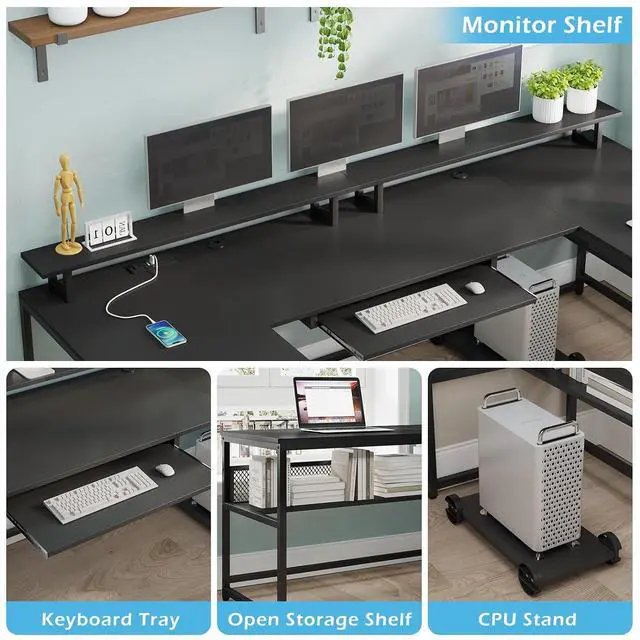 Alt view image 7 of 7 - U Shaped Desk,101.5''Reversible L Shaped Home Office Desk with Drawer & Power Outlet,Computer Two Person Desk with Monitor Shelf, Keyboard Tray, Black