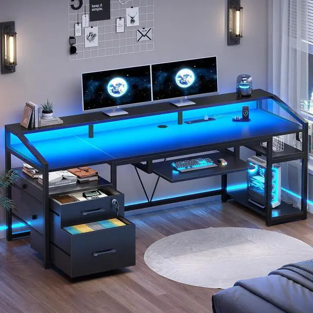 Main image of 63" Computer Desk, Office Desk with Lockable Drawers for Legal/Letter File, Gaming Desk with LED Lights & Power Outlet, Home Office Desks with Storage, Black