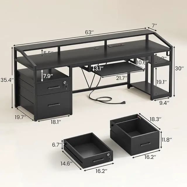 Alt view image 2 of 7 - 63" Computer Desk, Office Desk with Lockable Drawers for Legal/Letter File, Gaming Desk with LED Lights & Power Outlet, Home Office Desks with Storage, Black