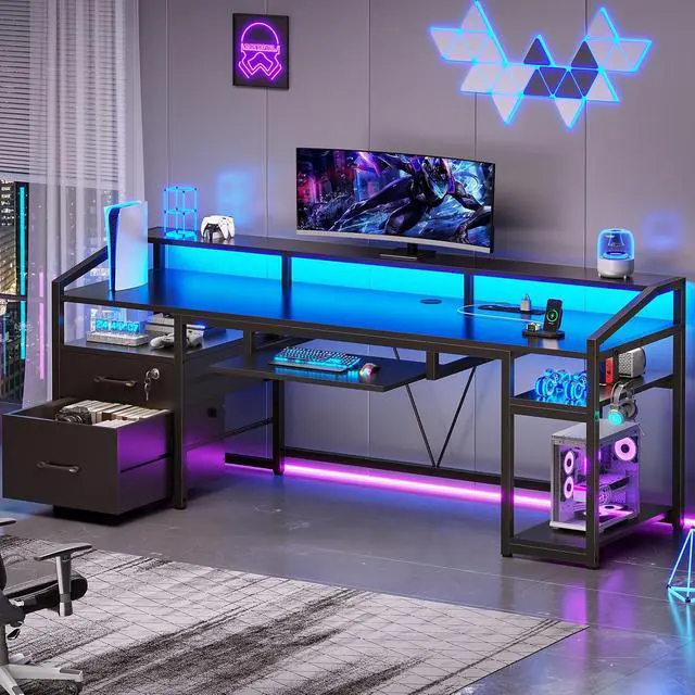Alt view image 3 of 7 - 63" Computer Desk, Office Desk with Lockable Drawers for Legal/Letter File, Gaming Desk with LED Lights & Power Outlet, Home Office Desks with Storage, Black