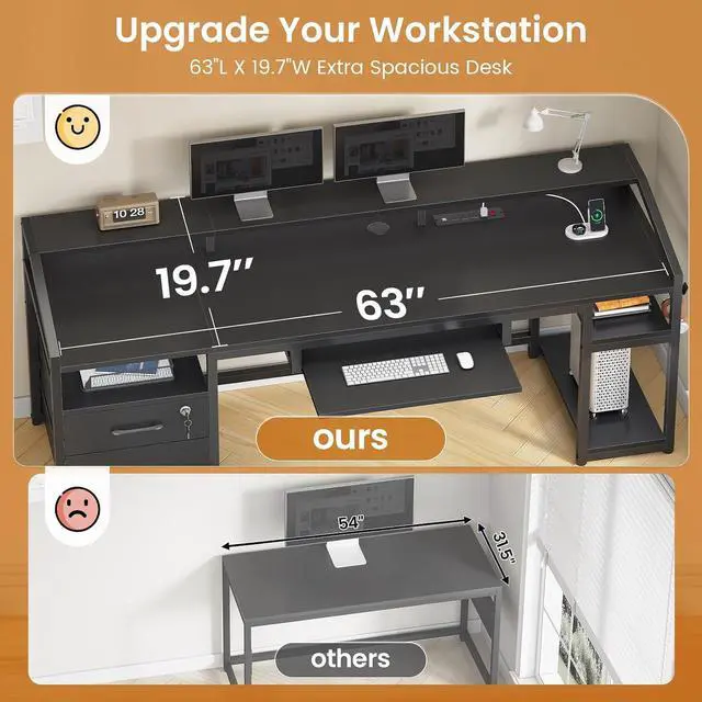 Alt view image 5 of 7 - 63" Computer Desk, Office Desk with Lockable Drawers for Legal/Letter File, Gaming Desk with LED Lights & Power Outlet, Home Office Desks with Storage, Black