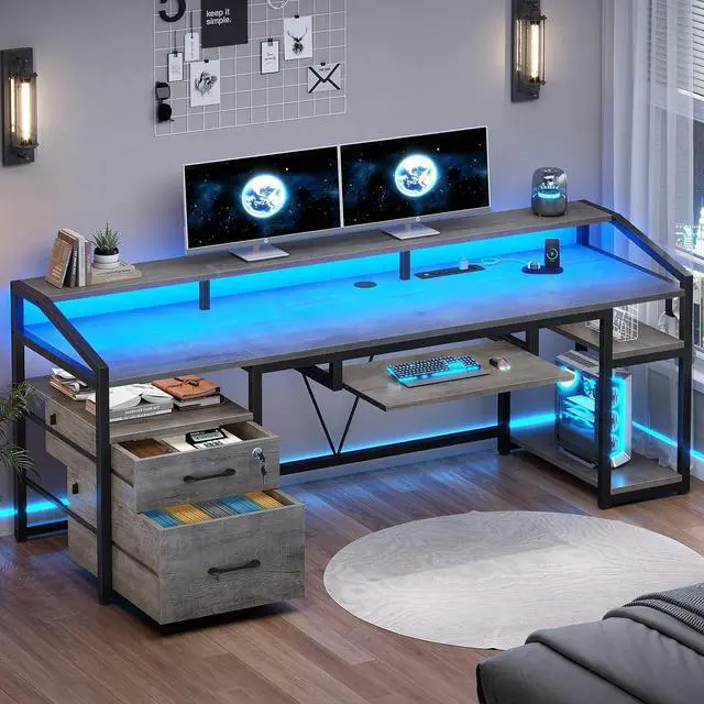 Main image of 63" Computer Desk, Office Desk with Lockable Drawers for Legal/Letter File, Gaming Desk with LED Lights & Power Outlet, Home Office Desks with Storage, Grey