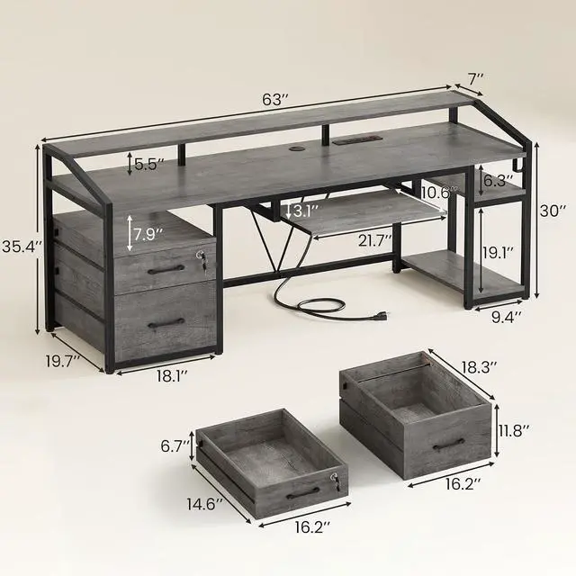 Alt view image 2 of 7 - 63" Computer Desk, Office Desk with Lockable Drawers for Legal/Letter File, Gaming Desk with LED Lights & Power Outlet, Home Office Desks with Storage, Grey