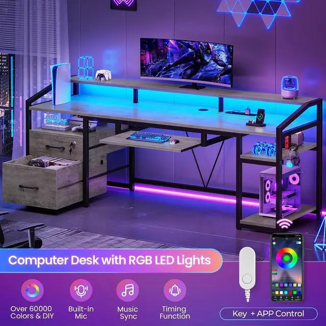 Alt view image 3 of 7 - 63" Computer Desk, Office Desk with Lockable Drawers for Legal/Letter File, Gaming Desk with LED Lights & Power Outlet, Home Office Desks with Storage, Grey