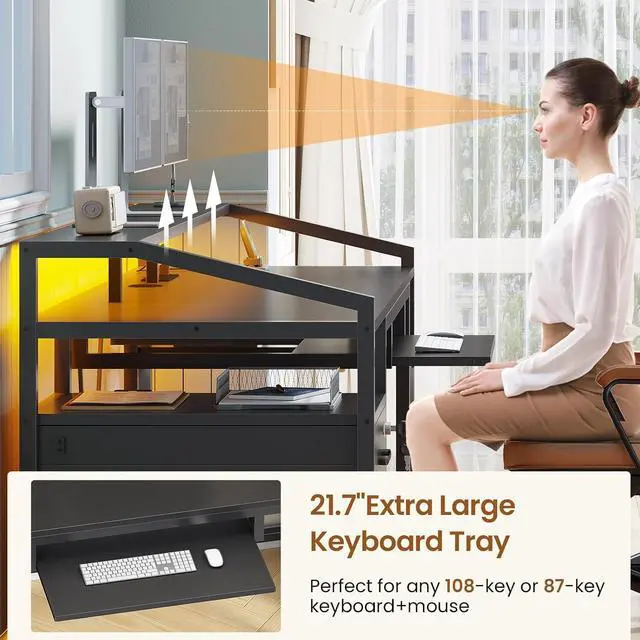 Alt view image 6 of 7 - 63" Computer Desk, Office Desk with Lockable Drawers for Legal/Letter File, Gaming Desk with LED Lights & Power Outlet, Home Office Desks with Storage, Black